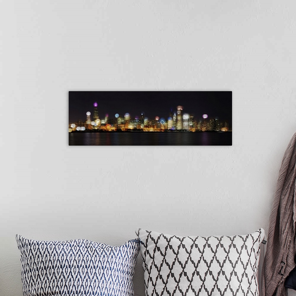 A bohemian room featuring Chicago Skyline At Night With Blurred Photo Bokeh Composite