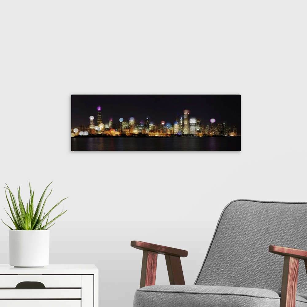 A modern room featuring Chicago Skyline At Night With Blurred Photo Bokeh Composite