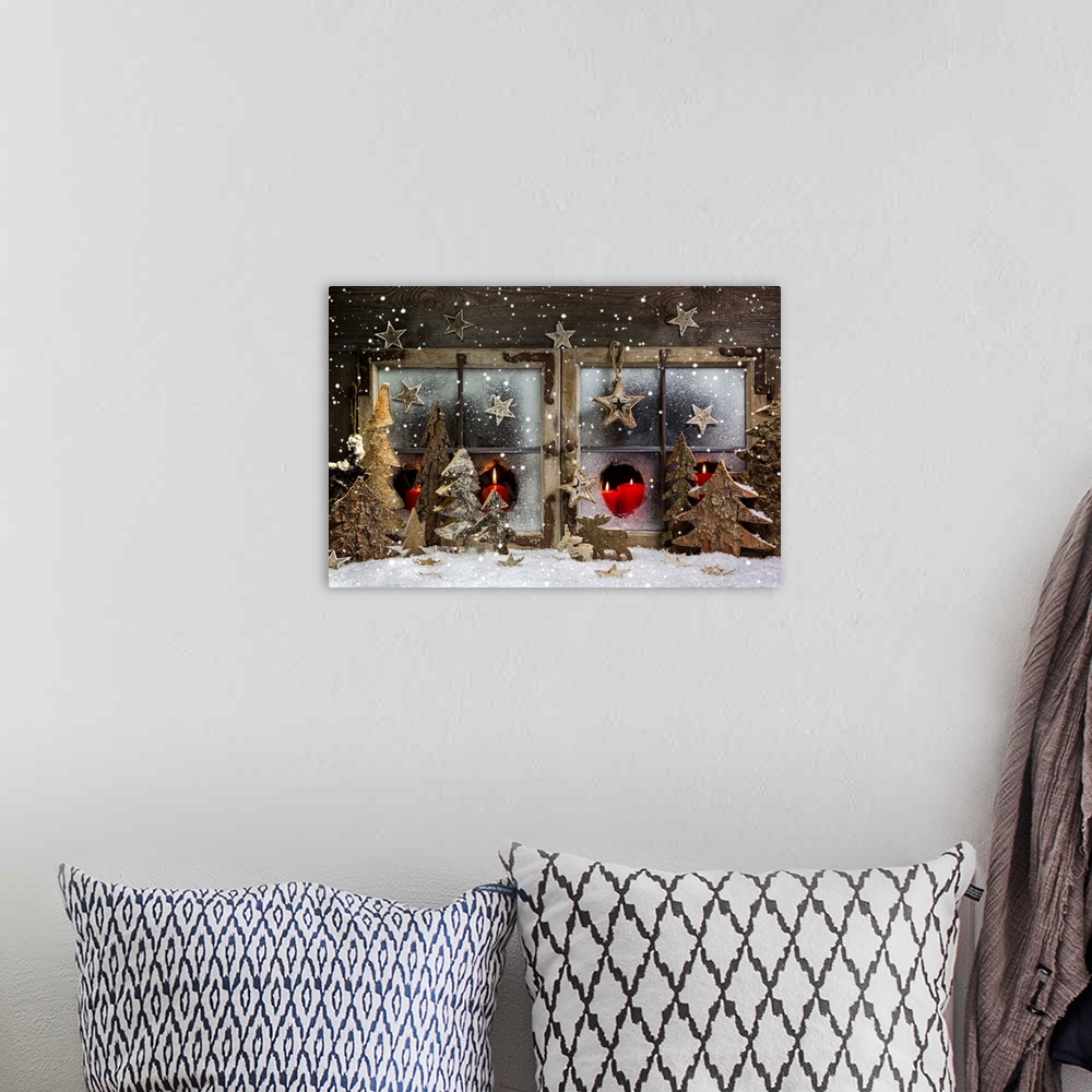 A bohemian room featuring Christmas Window Decoration In Red With Wood.