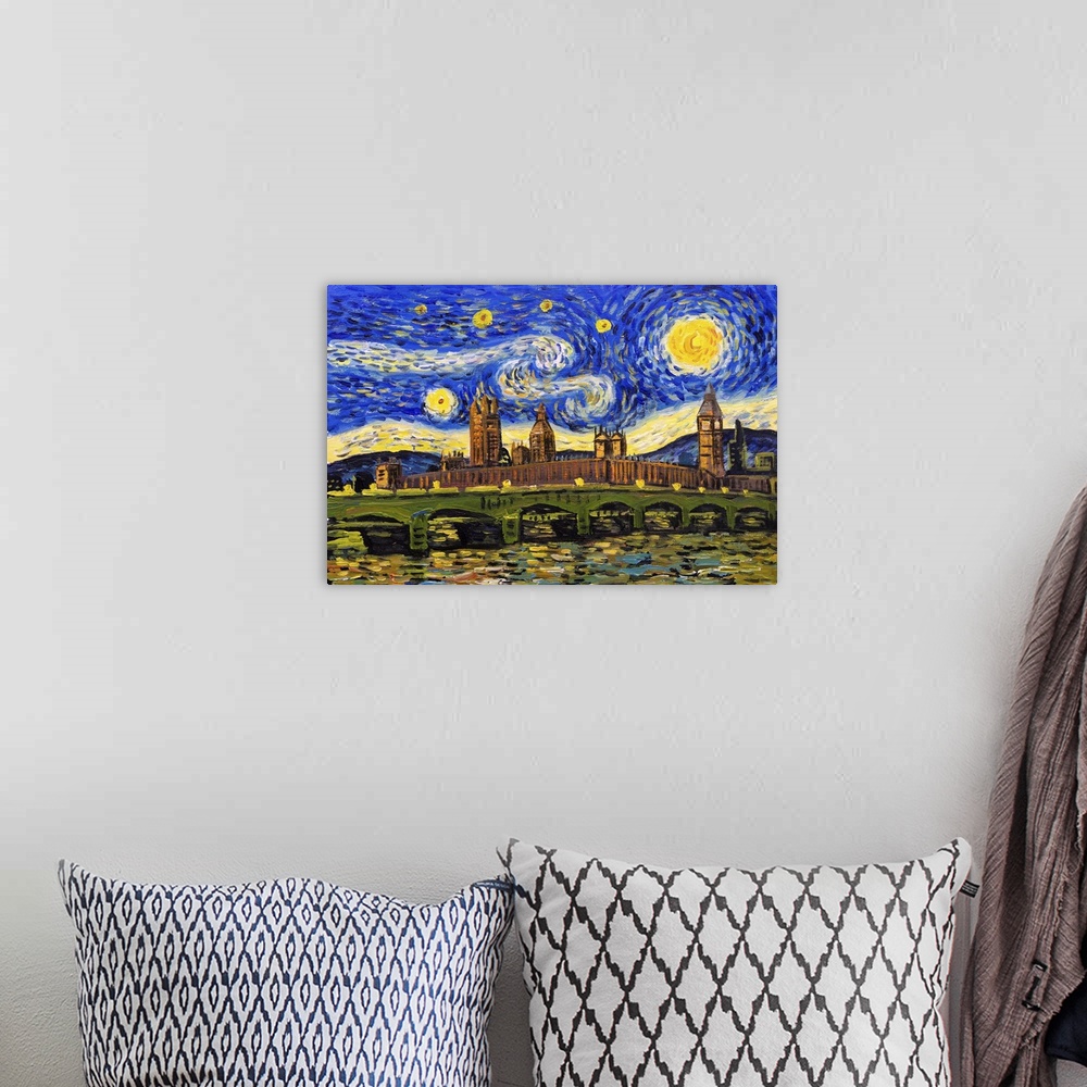 A bohemian room featuring City View Of London With Starry Night Sky