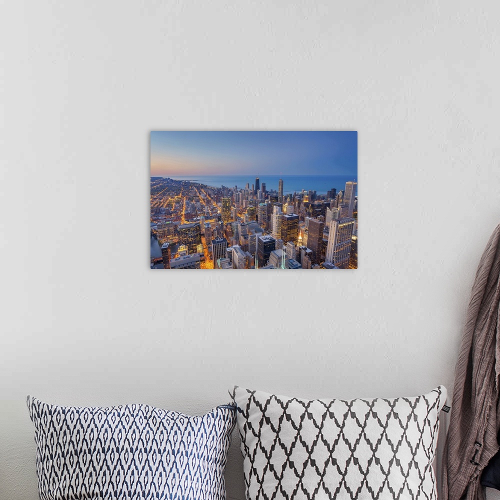 A bohemian room featuring Cityscape Image Of Chicago Downtown During Twilight Blue Hour