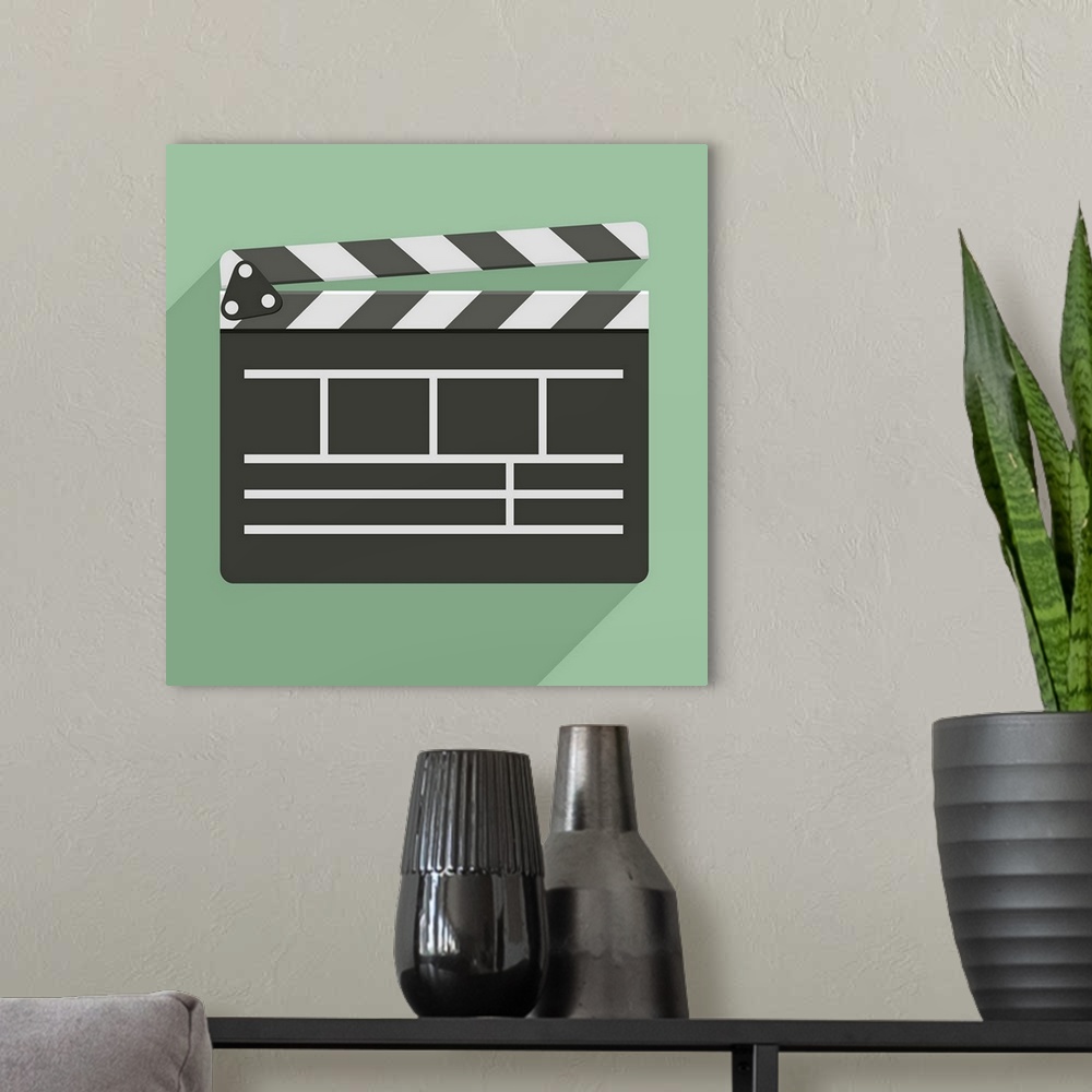 A modern room featuring minimalistic illustration of a clapper board, symbol for film and video