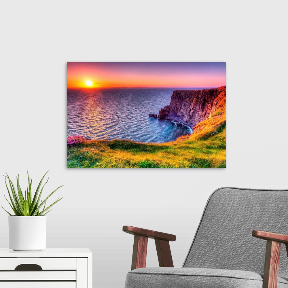 A modern room featuring Cliffs of Moher at sunset, Co. Clare, Ireland.