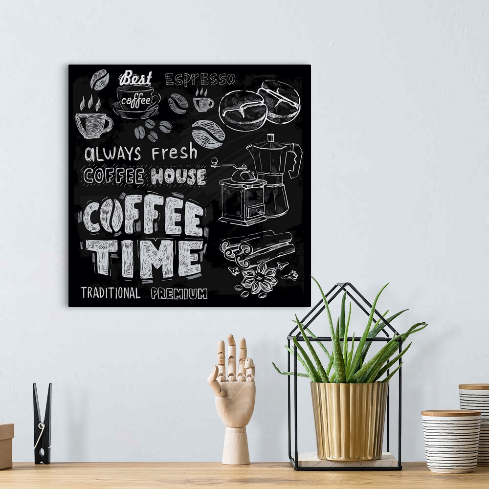 A bohemian room featuring coffee on chalkboard