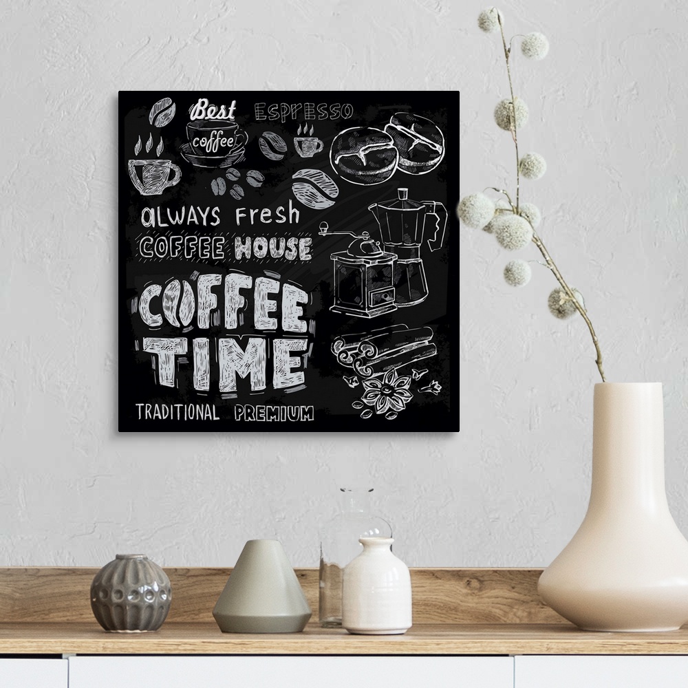 A farmhouse room featuring coffee on chalkboard