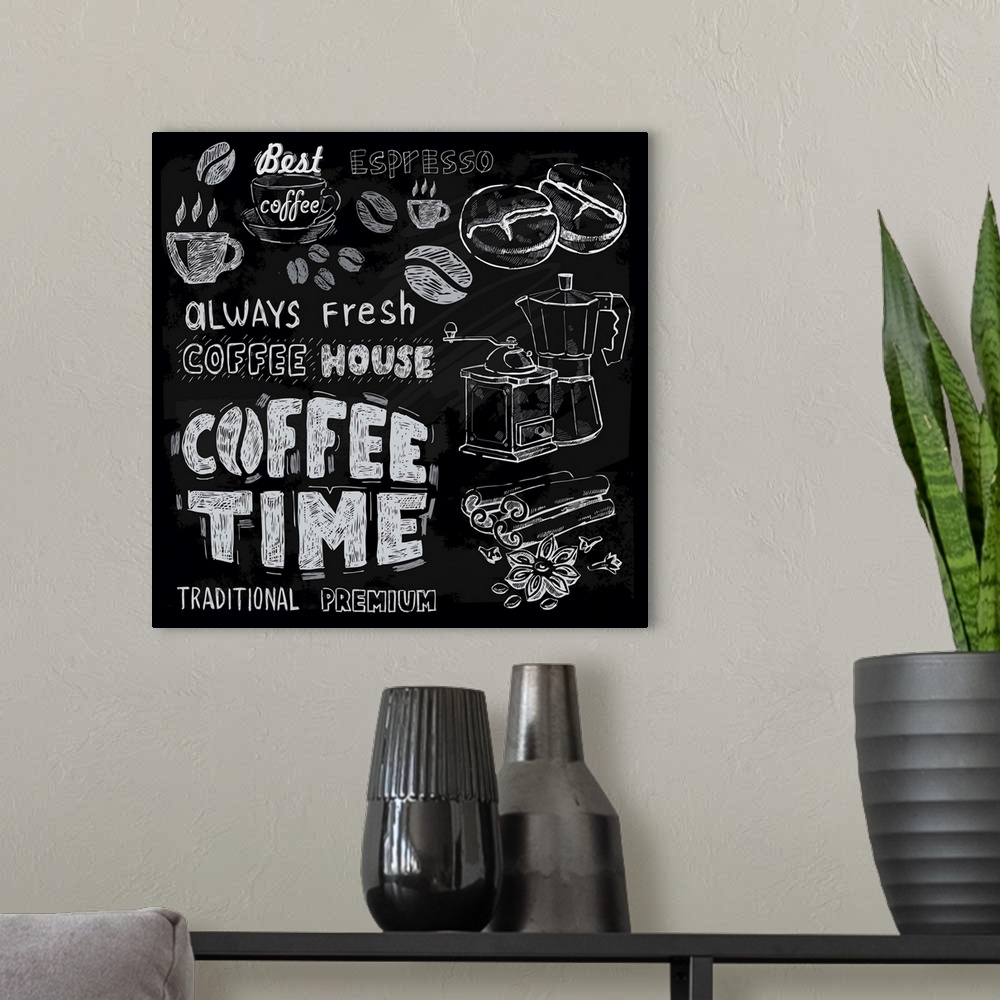 A modern room featuring coffee on chalkboard