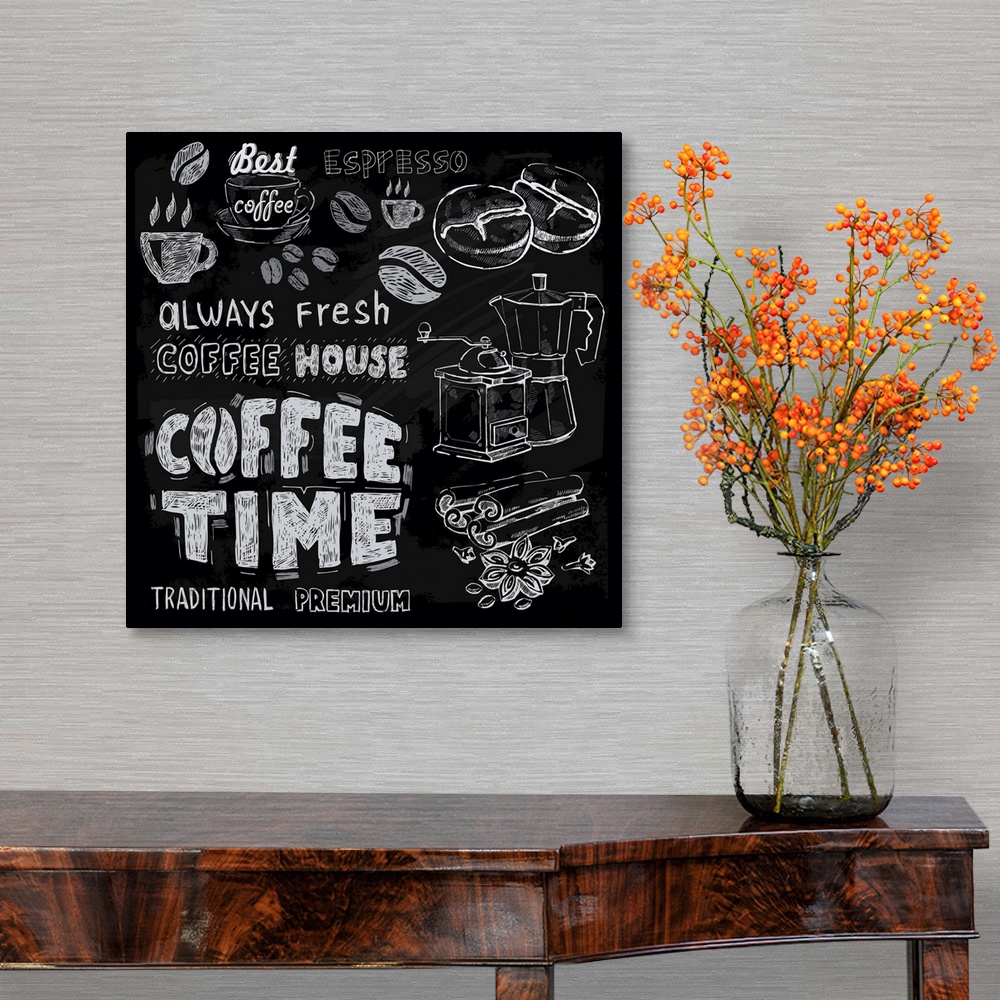 A traditional room featuring coffee on chalkboard