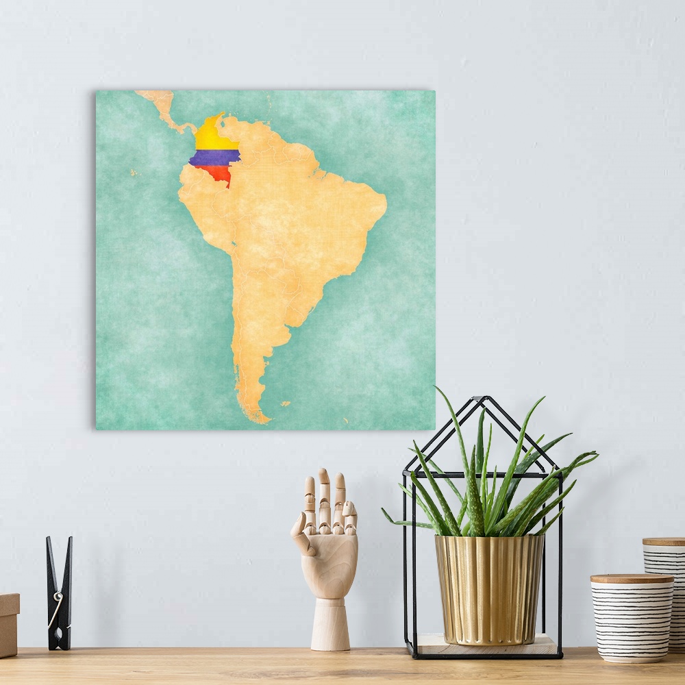 A bohemian room featuring Map Of South America - Colombia(vintage Series)