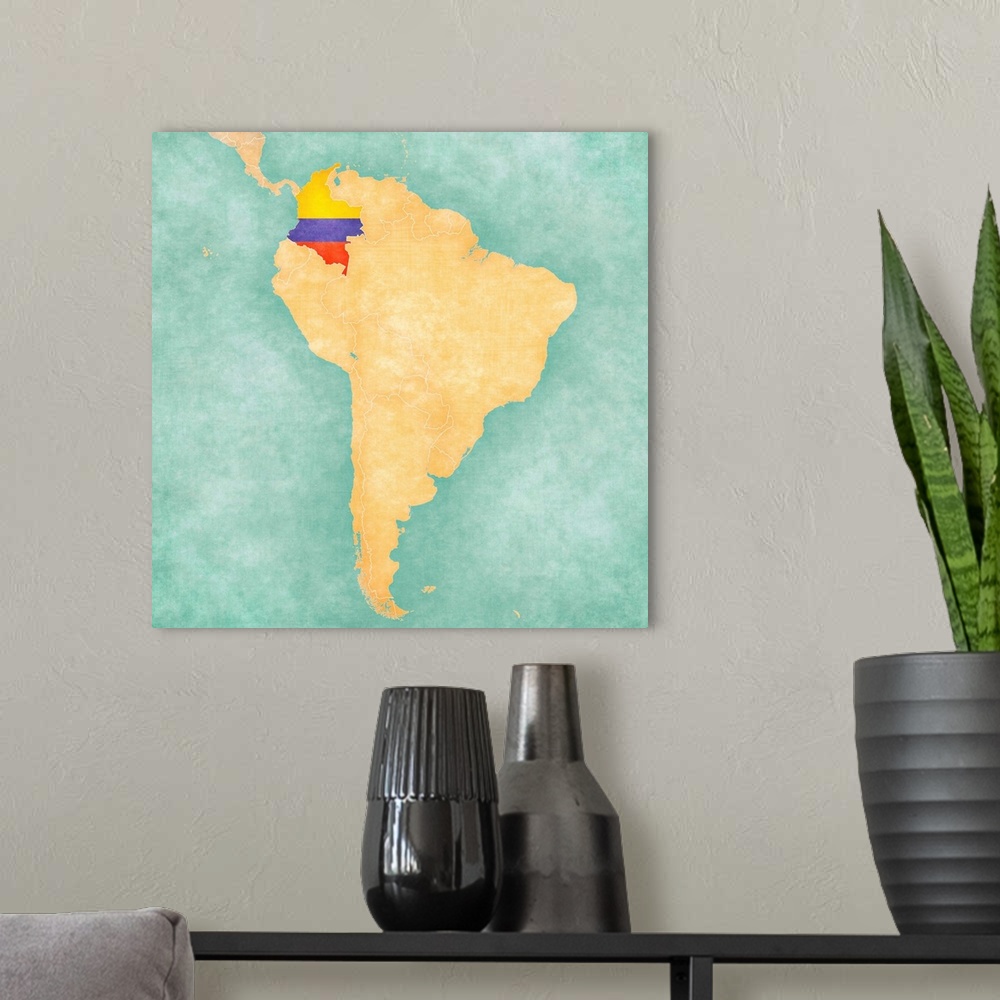 A modern room featuring Map Of South America - Colombia(vintage Series)