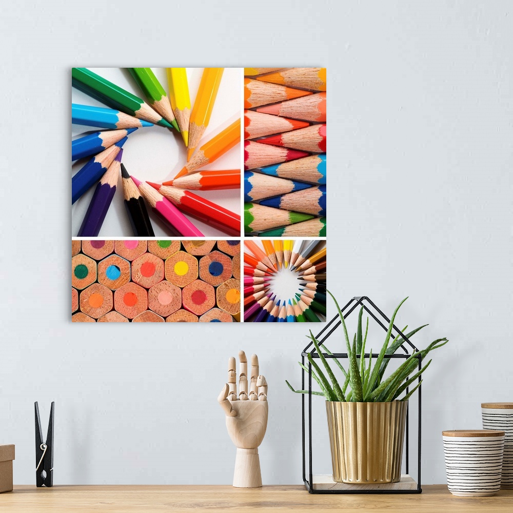 A bohemian room featuring color pencils, collage