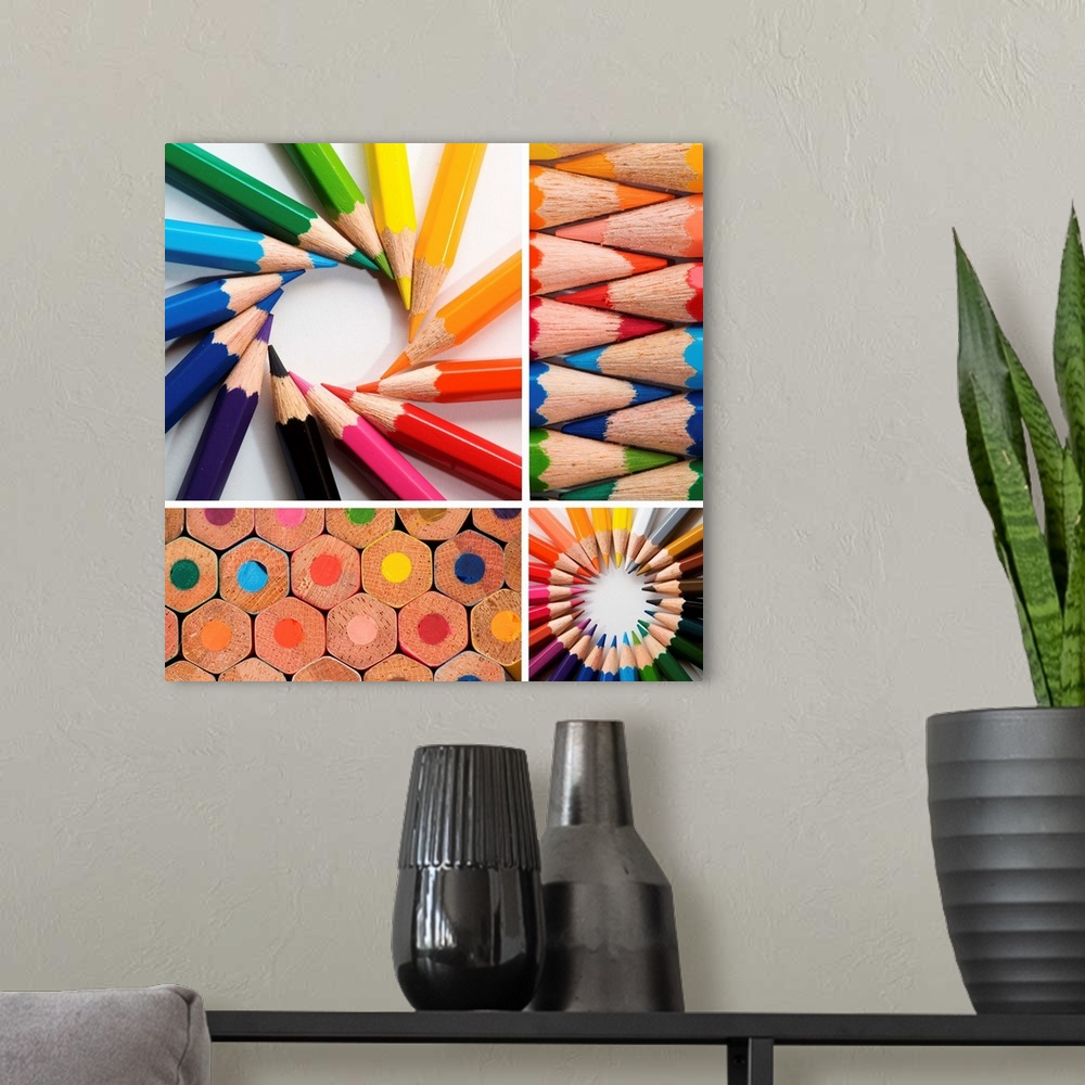 A modern room featuring color pencils, collage