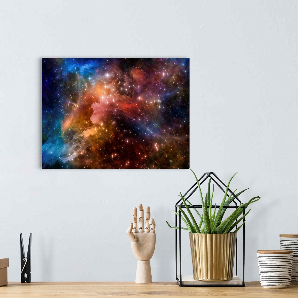 A bohemian room featuring A digital painting of colorful space.