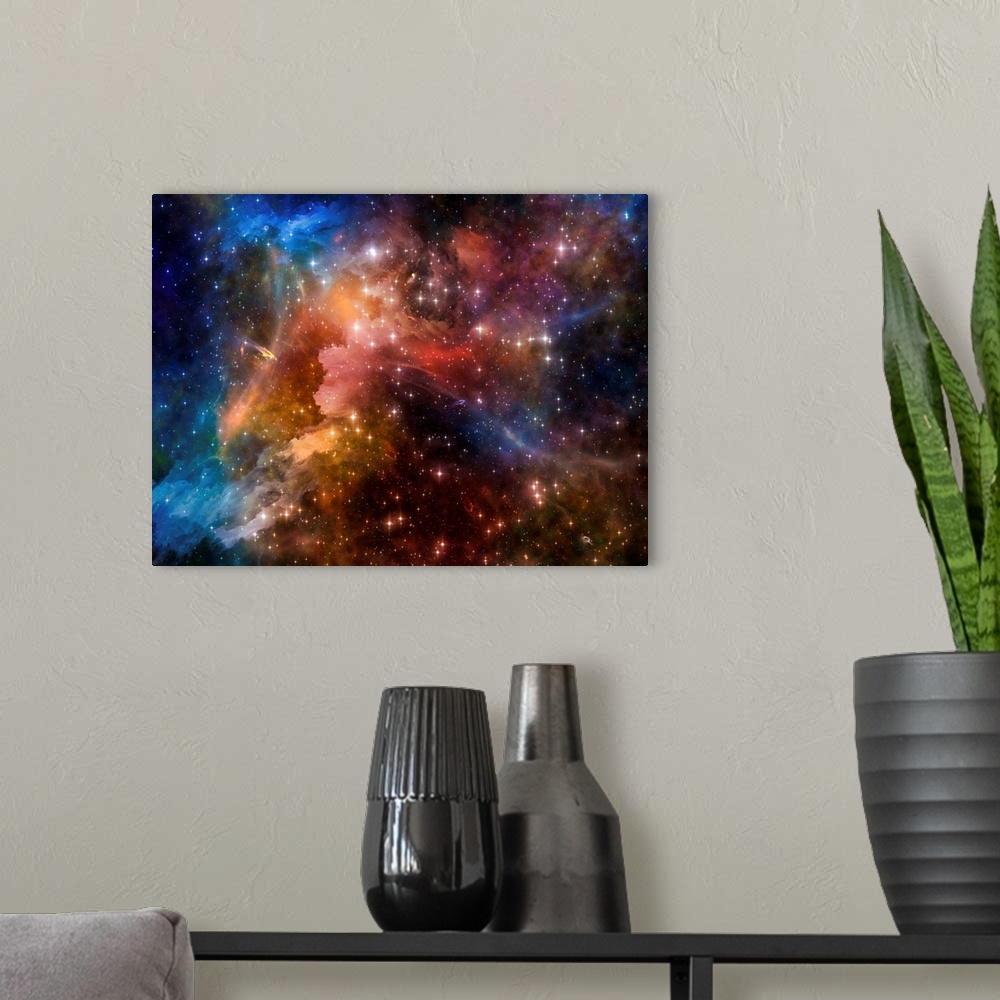 A modern room featuring A digital painting of colorful space.
