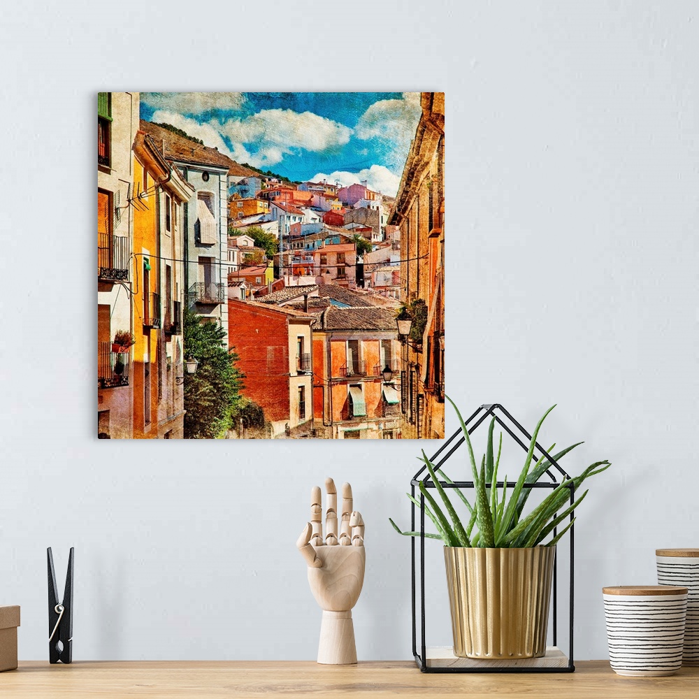 A bohemian room featuring colorful Spain - streets and buildings of Cuenca town - artistic picture