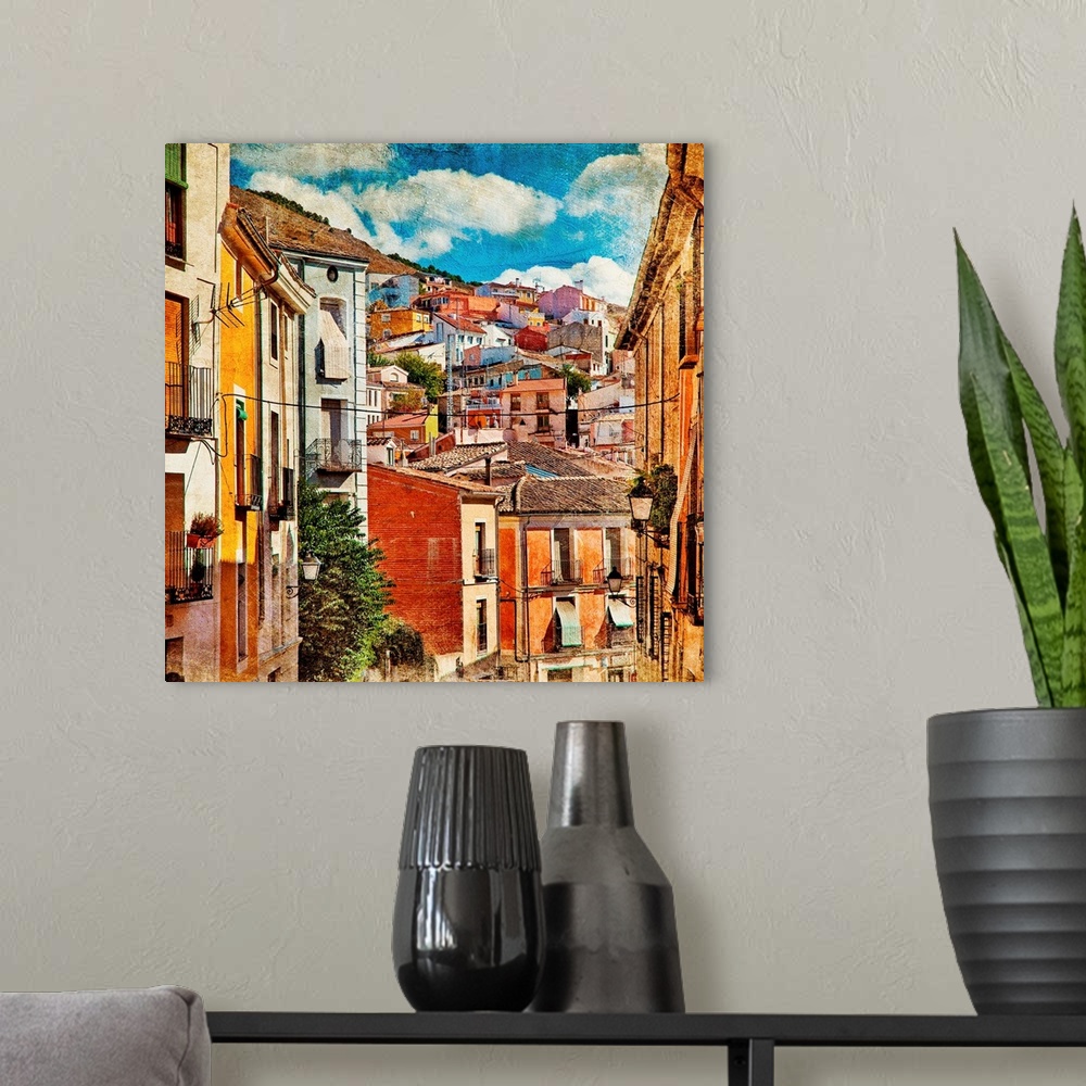 A modern room featuring colorful Spain - streets and buildings of Cuenca town - artistic picture