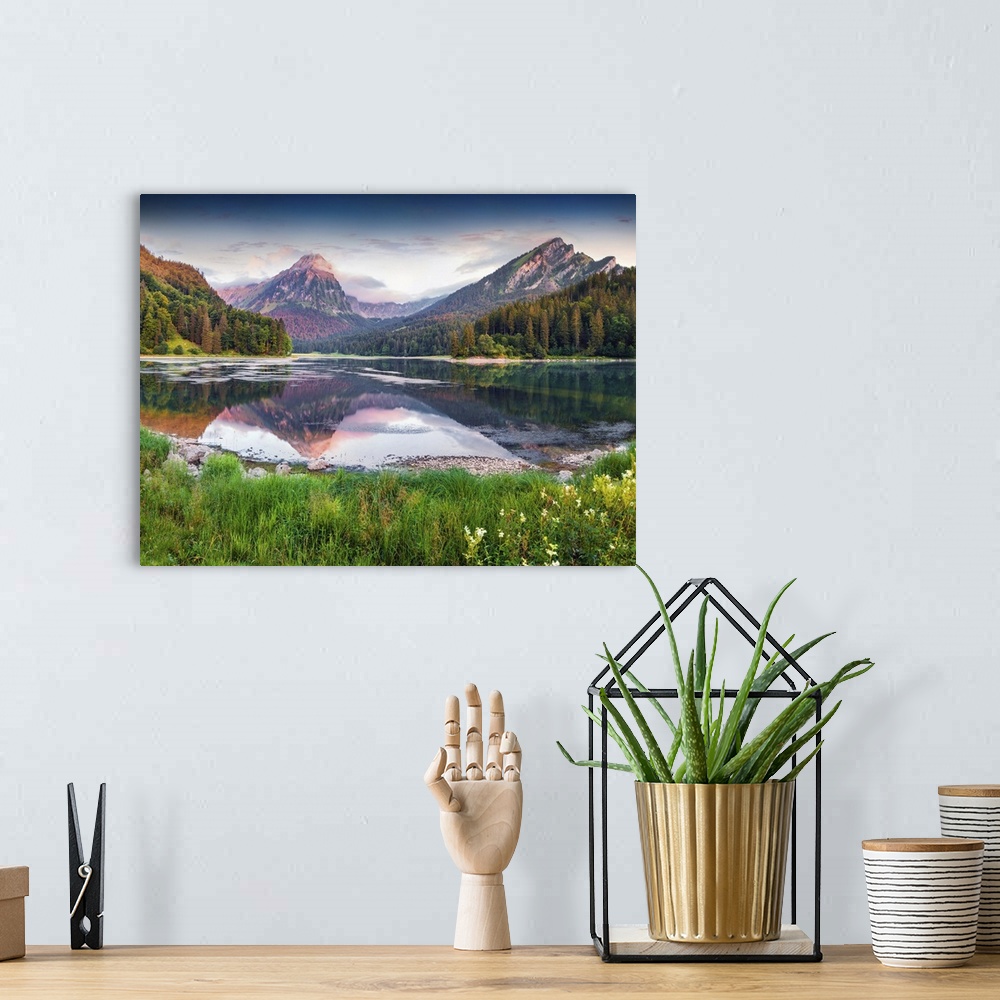A bohemian room featuring Colorful Summer Sunrise On The Incredibly Beautiful Swiss Lake Obersee