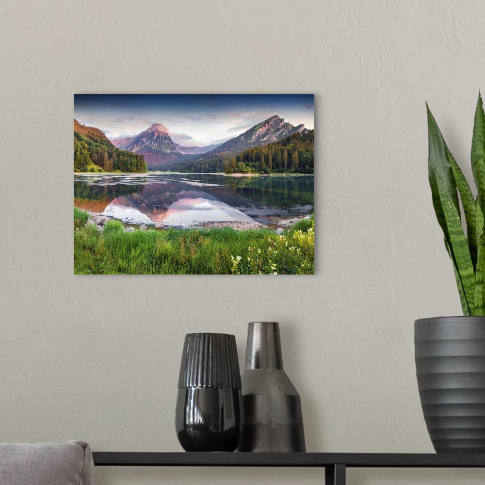 A modern room featuring Colorful Summer Sunrise On The Incredibly Beautiful Swiss Lake Obersee