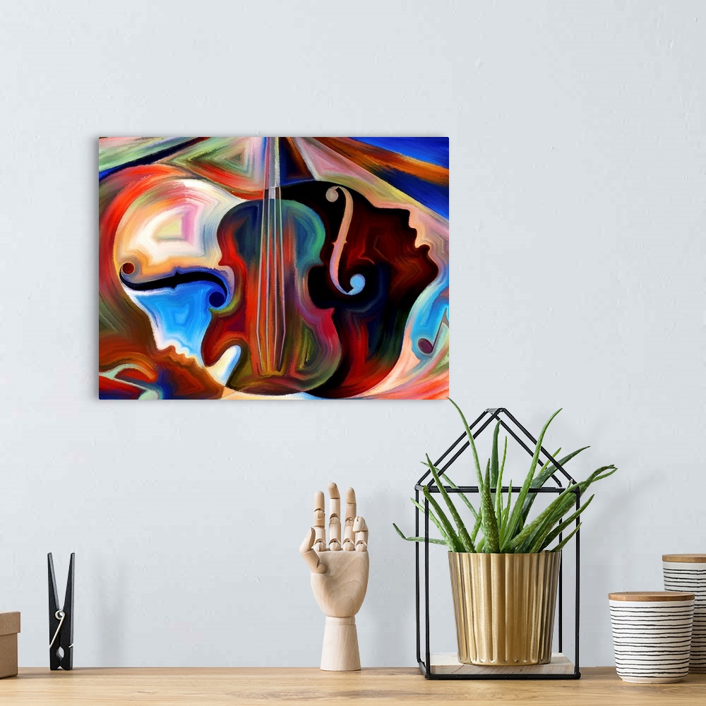 A bohemian room featuring Colorful abstract painting using organic shapes to create human faces in profile against the shap...