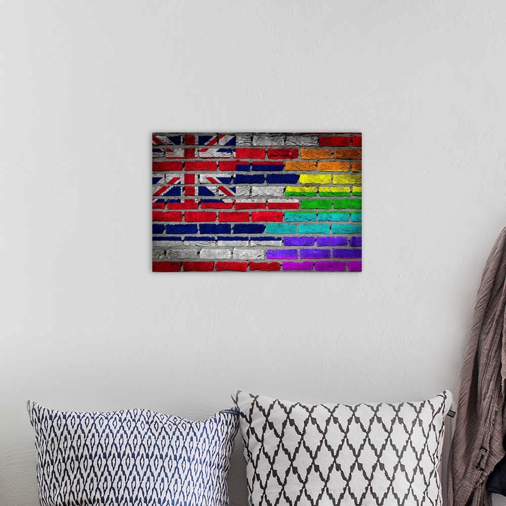 A bohemian room featuring Country flag and rainbow flag painted on wall, Hawaii.