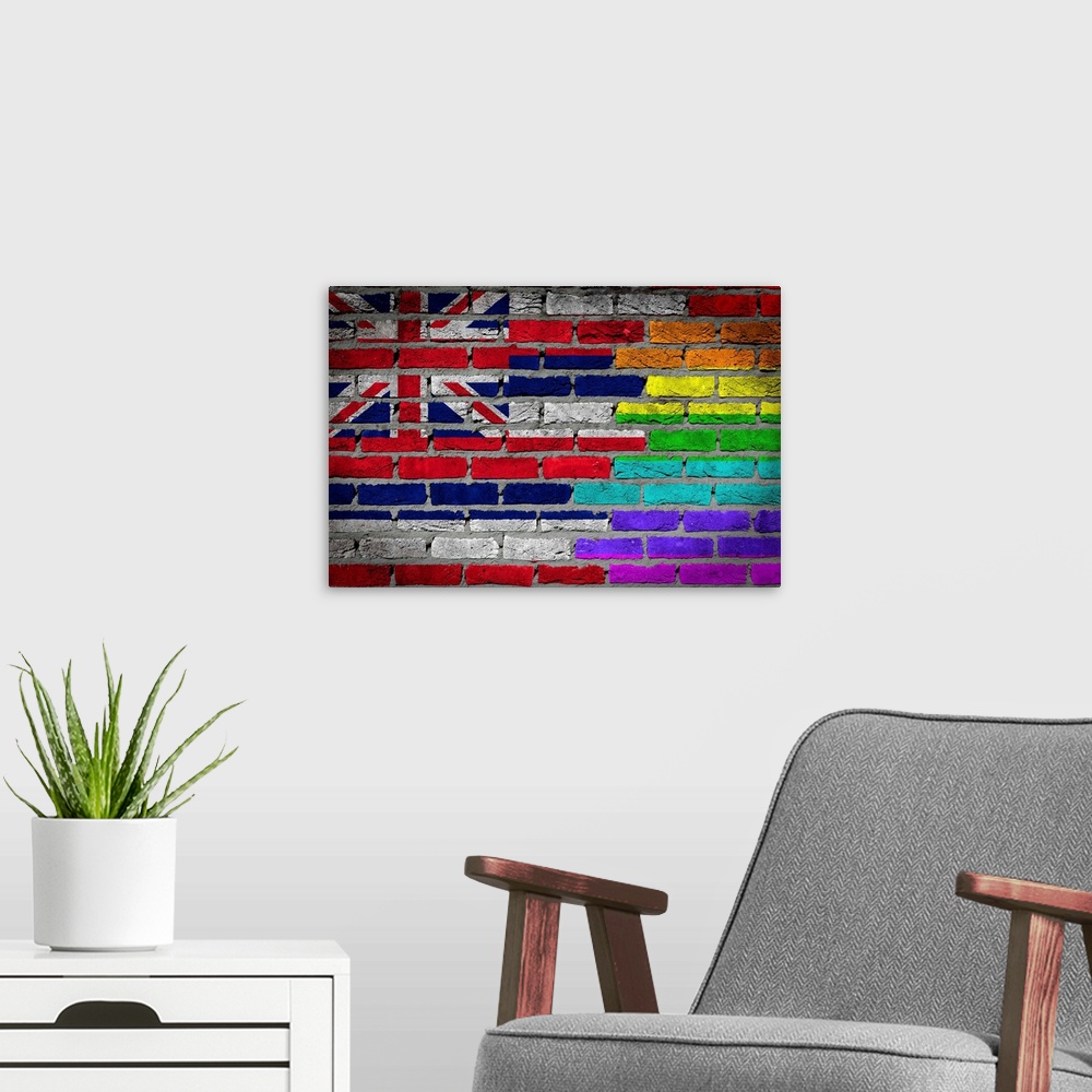 A modern room featuring Country flag and rainbow flag painted on wall, Hawaii.