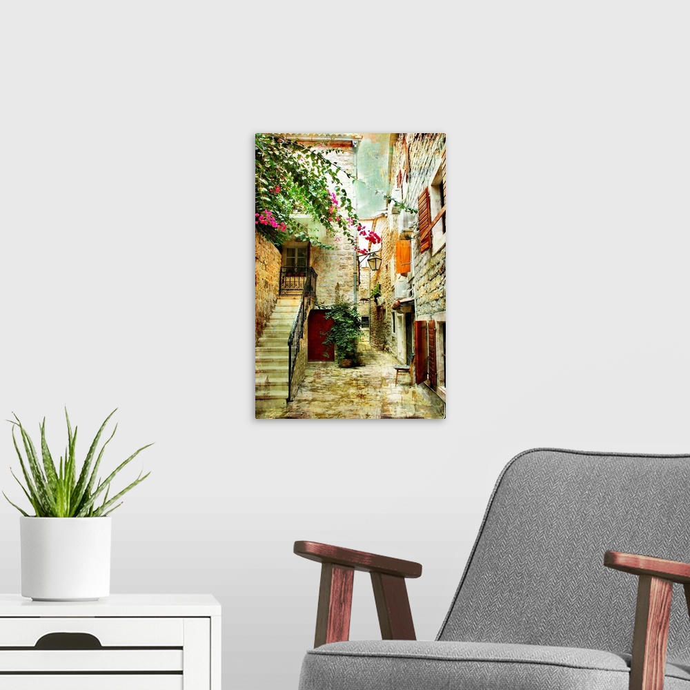 A modern room featuring courtyard of old Croatia - picture in painting style
