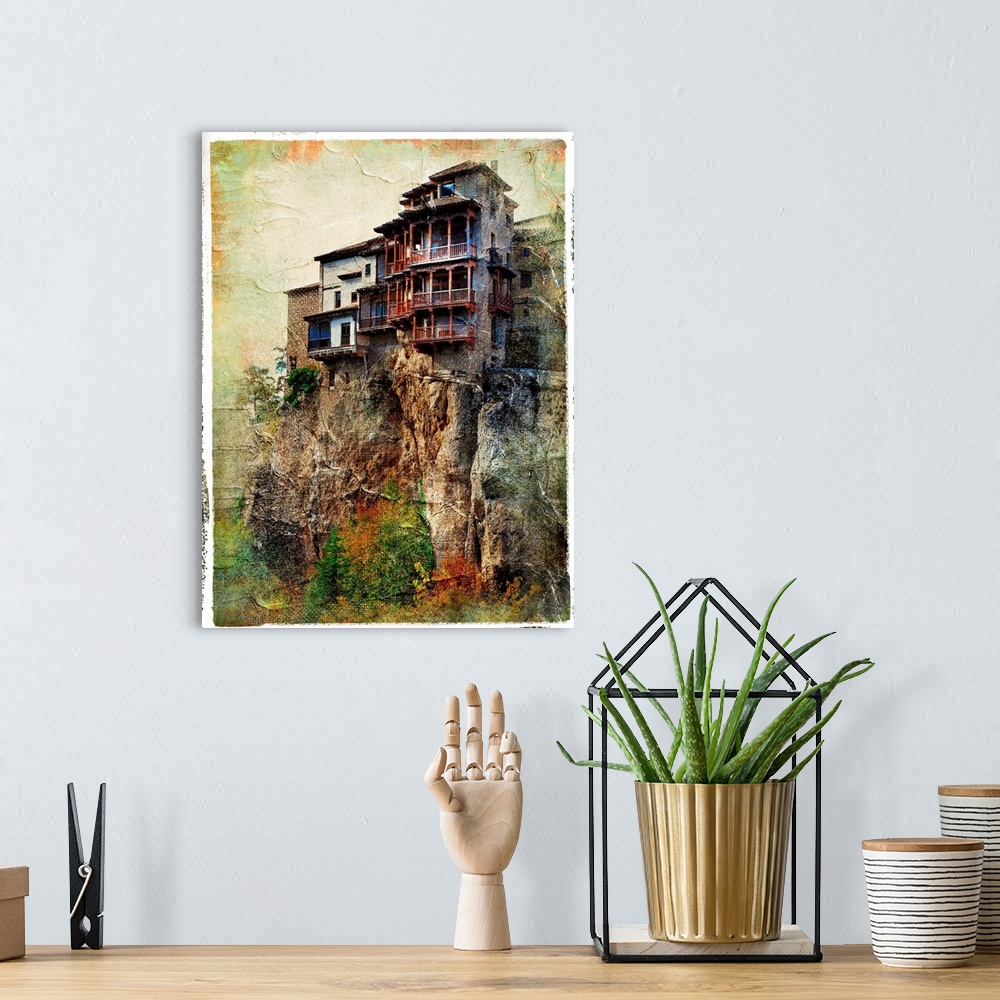 A bohemian room featuring Cuenca - medieval town of Spain.Famous hanging houses - picture in painting style