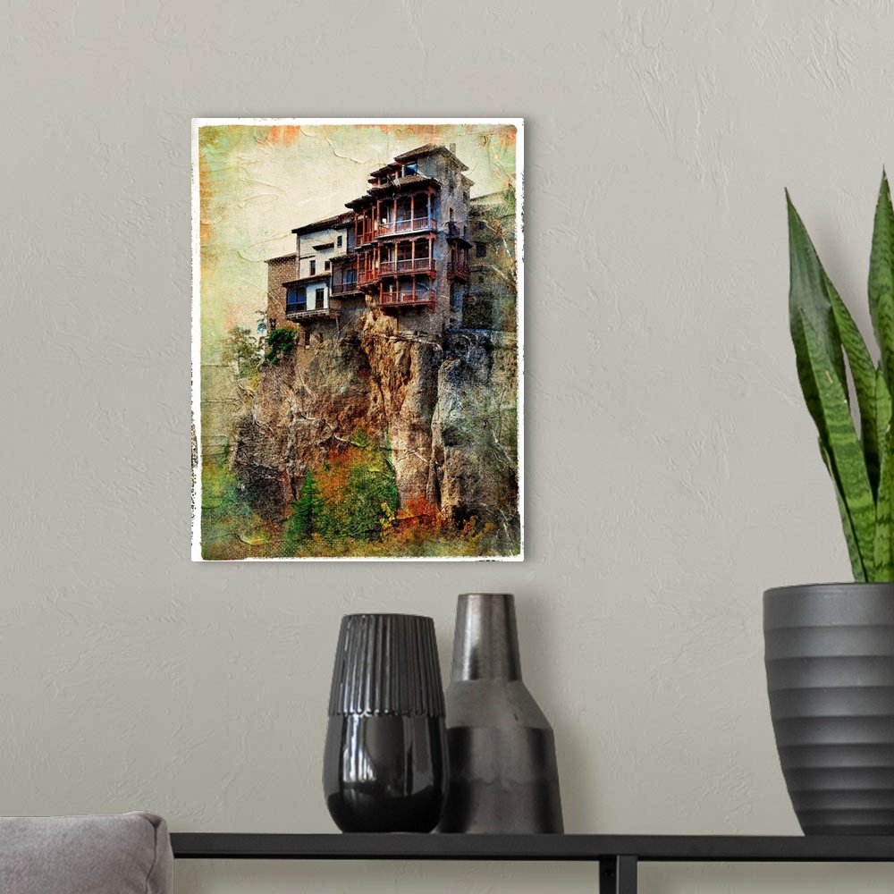 A modern room featuring Cuenca - medieval town of Spain.Famous hanging houses - picture in painting style