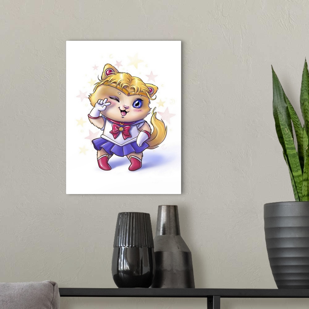 A modern room featuring Cute lovely kitty in sailor moon dress.