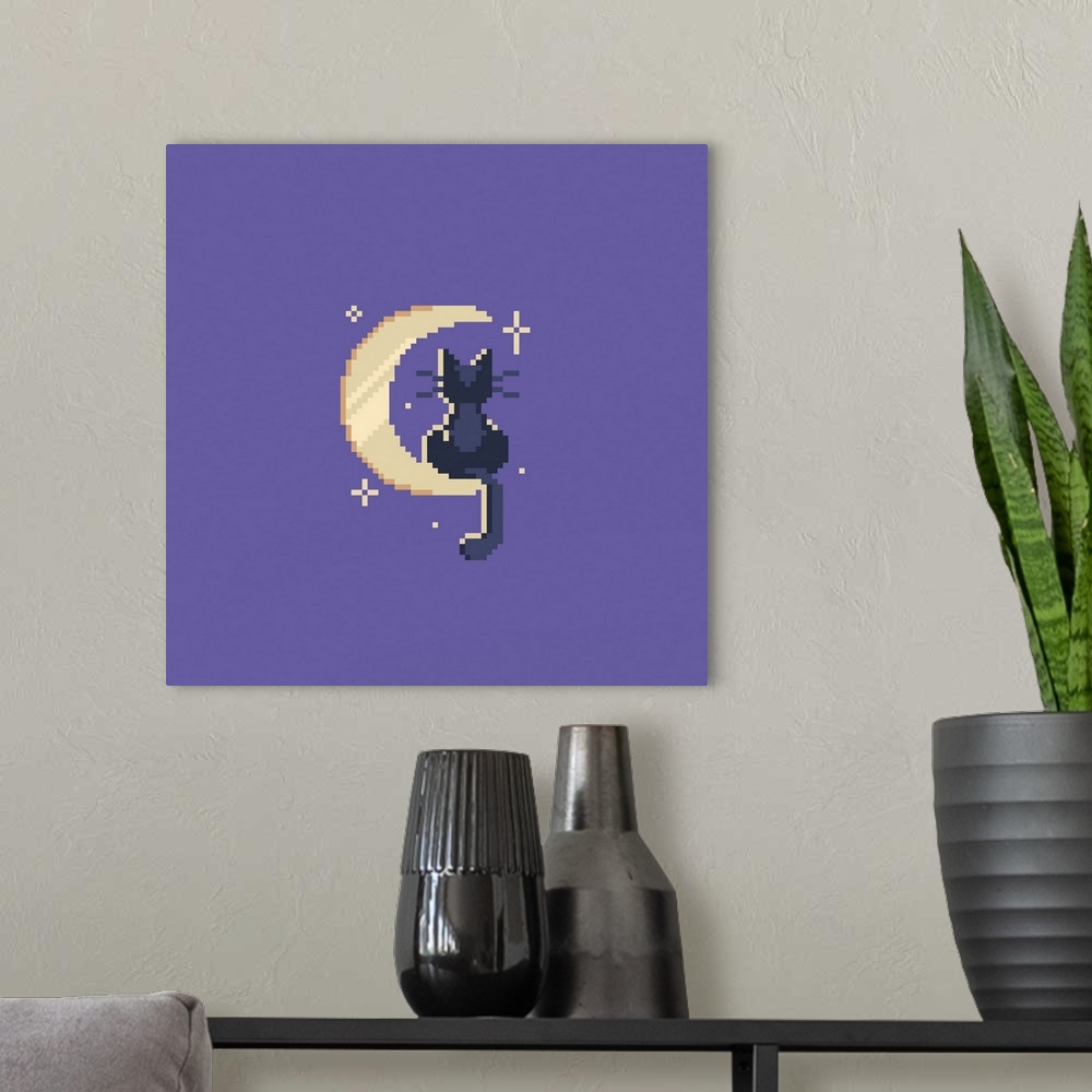 A modern room featuring Cute night cat sitting on the moon. Pixel art style. Originally a vector illustration.