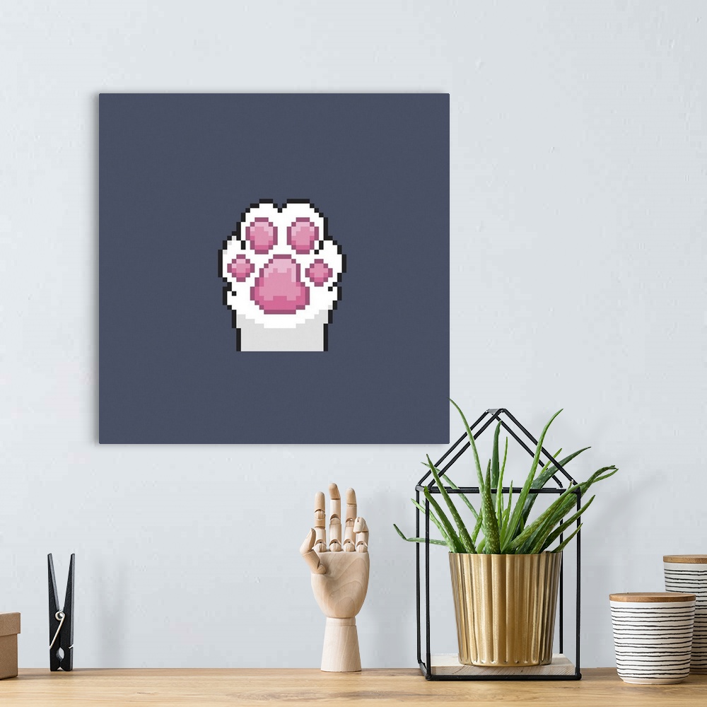 A bohemian room featuring Cute white cat paw in a pixel style.