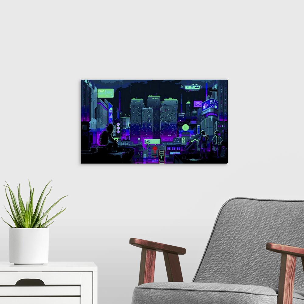 A modern room featuring Captivating cyber pixel background scene.