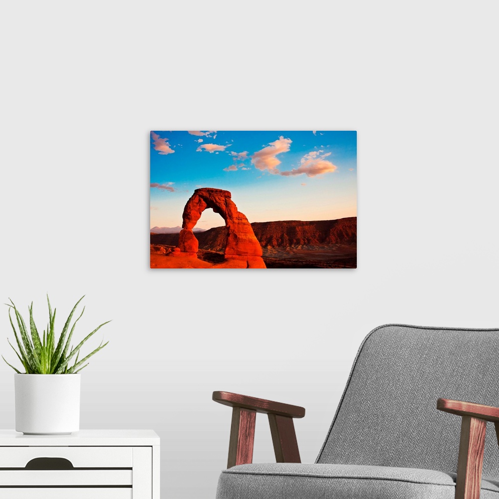 A modern room featuring Dedicate Arch at Sunset in Arches National Park, Utah.