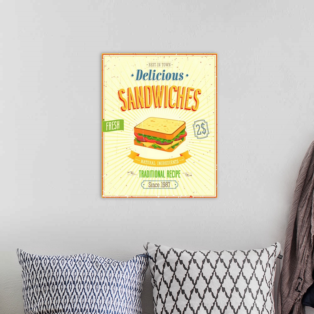 A bohemian room featuring Vintage Sandwiches Poster. Vector illustration.