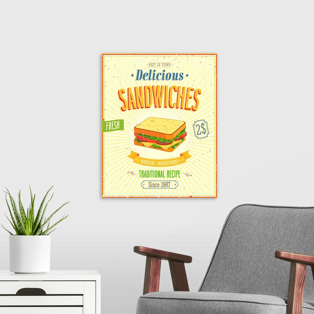 A modern room featuring Vintage Sandwiches Poster. Vector illustration.