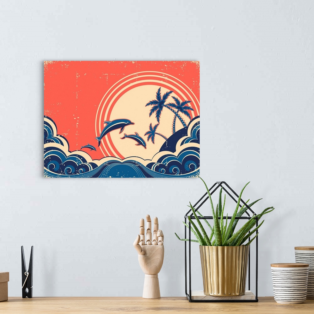 A bohemian room featuring Seascape Waves Poster With Dolphins. Vector Grunge Illustration On Old Paper