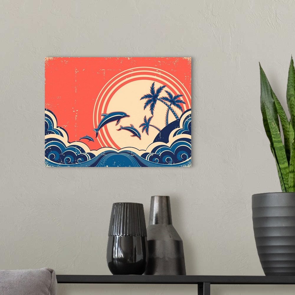 A modern room featuring Seascape Waves Poster With Dolphins. Vector Grunge Illustration On Old Paper