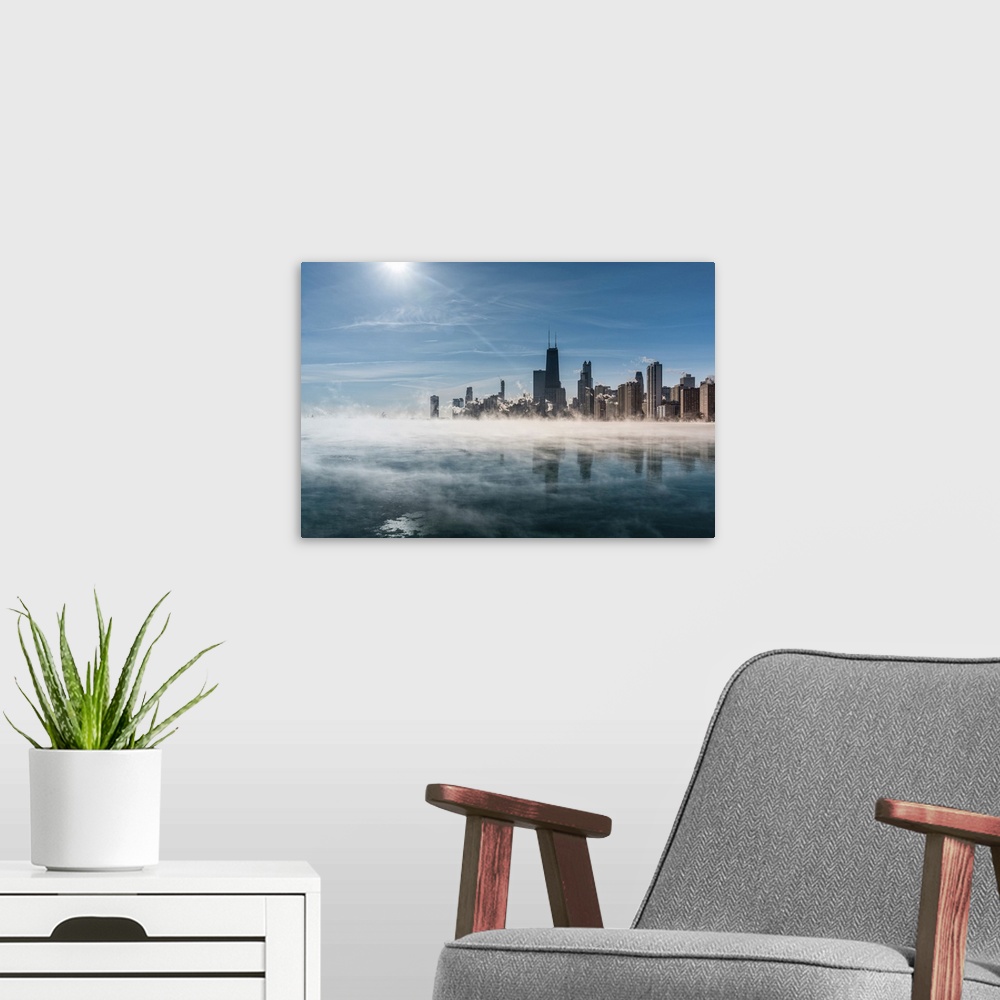 A modern room featuring Downtown Chicago Skyline During Winter Polar Vortex As Fog Drifts Across Lake Michigan