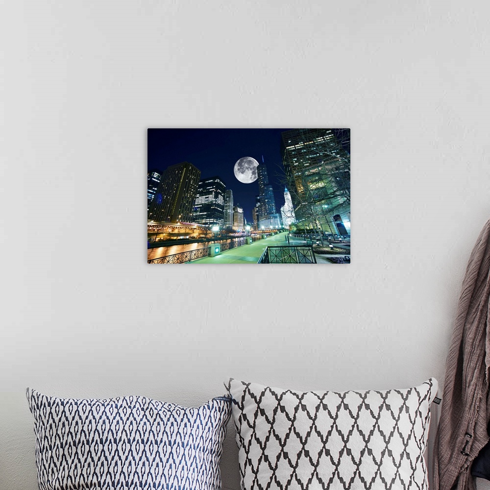 A bohemian room featuring Chicago at Night. Shot Taken from Chicago Famous Riverwalk. Large Moon on the Sky.