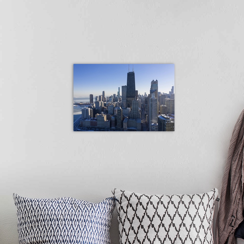 A bohemian room featuring Drone Shot Of City Of Chicago Downtown District At Winter