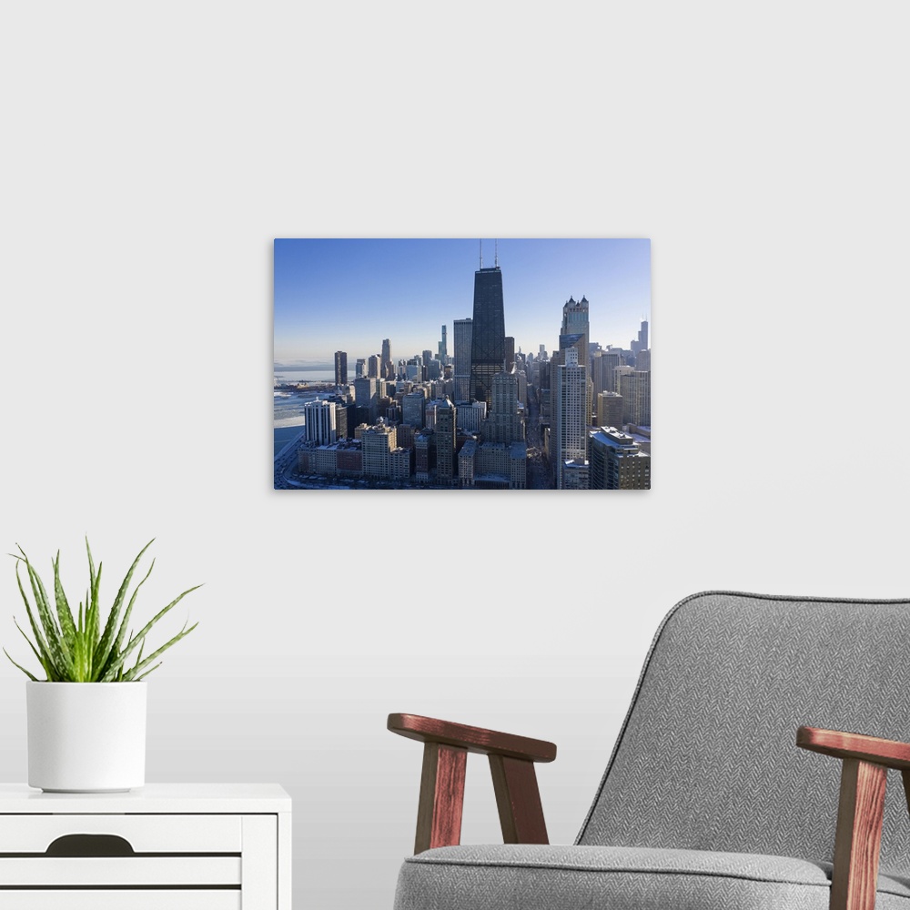 A modern room featuring Drone Shot Of City Of Chicago Downtown District At Winter