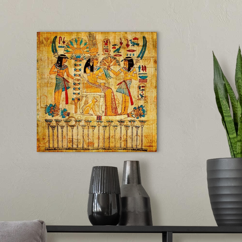 A modern room featuring old egyptian papyrus
