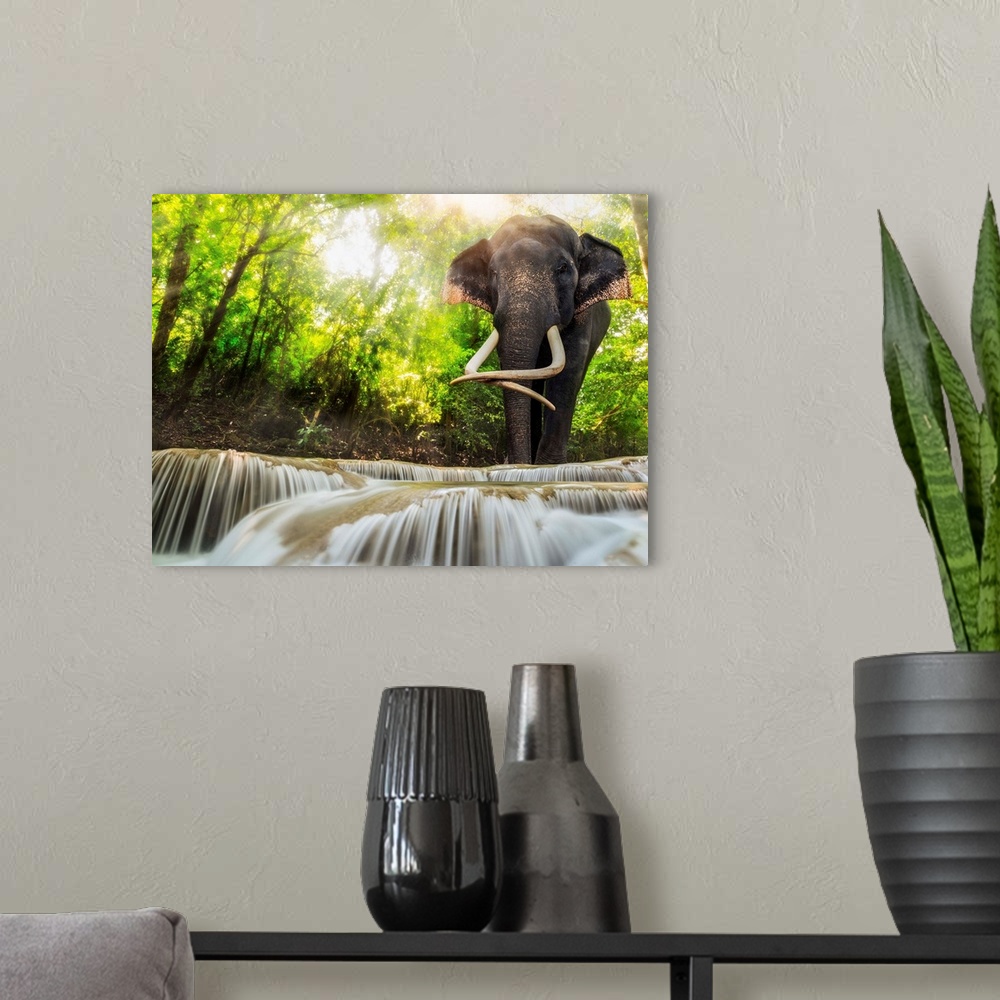 A modern room featuring Erawan Waterfall with an elephant Kanchanaburi Thailand.