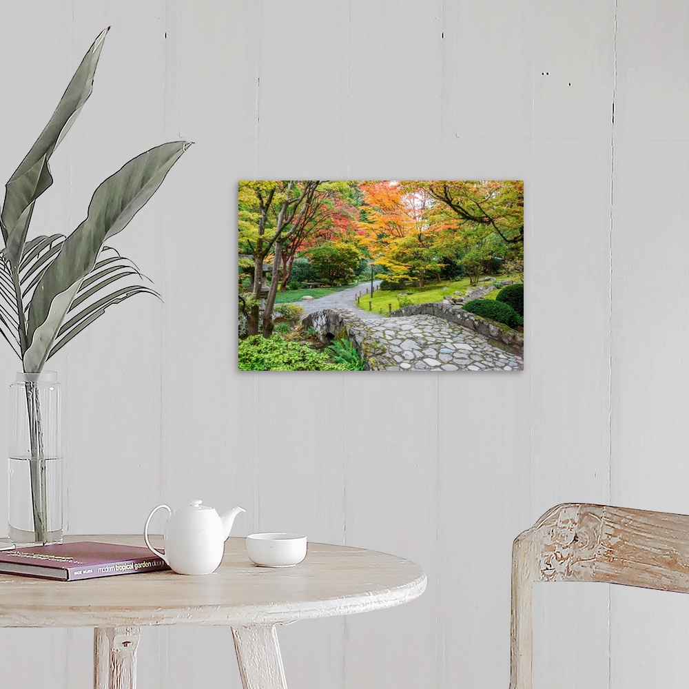 A farmhouse room featuring Autumn colors along a winding walking path and stone bridge in a Japanese garden.