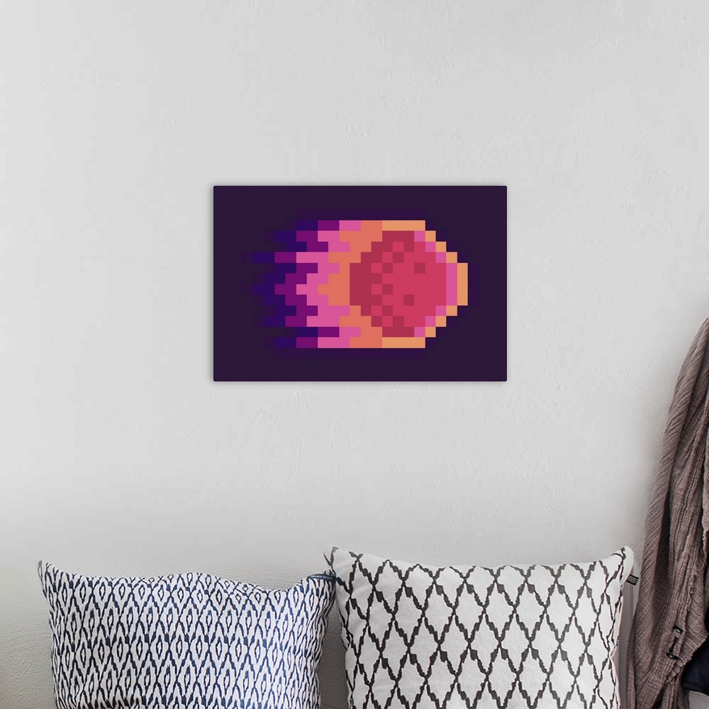A bohemian room featuring Meteor or falling asteroid in fire. Pixelated graphics of a celestial body.