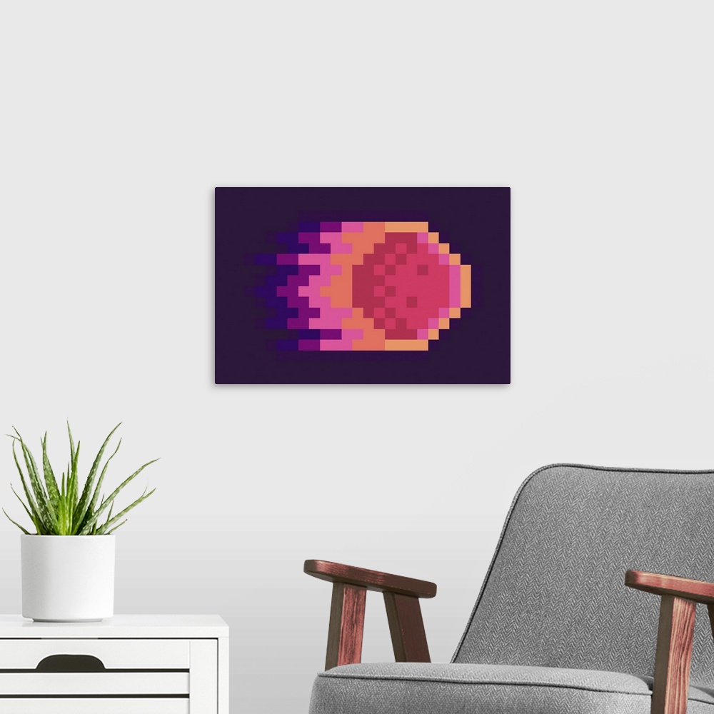 A modern room featuring Meteor or falling asteroid in fire. Pixelated graphics of a celestial body.