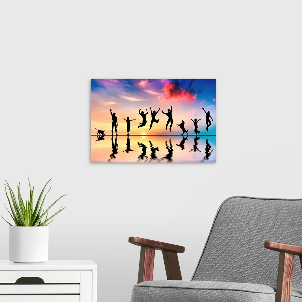 A modern room featuring Happy group of friends, family with dog and cat jumping together at sunset, water reflection
