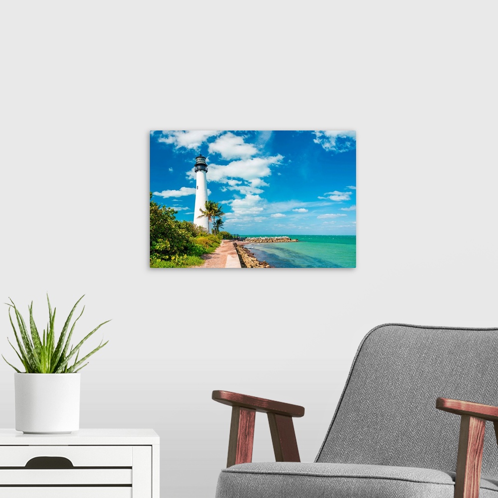 A modern room featuring Famous lighthouse at Cape Florida in the south end of Key Biscayne, Miami.