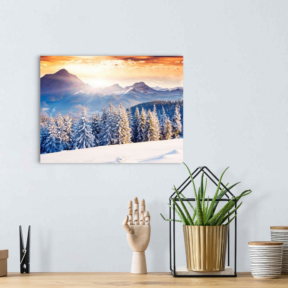 A bohemian room featuring Fantastic evening winter landscape with dramatic overcast sky