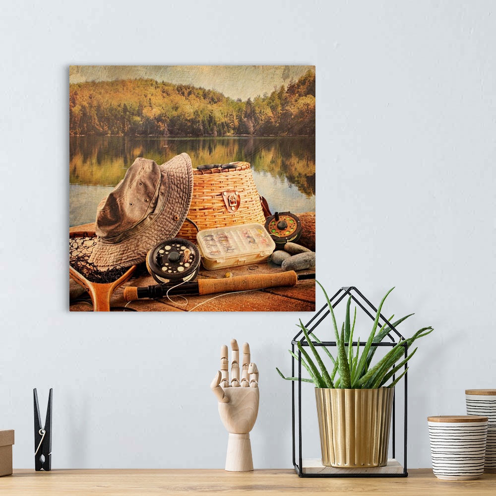 A bohemian room featuring Fly fishing equipment on deck with a vintage look.