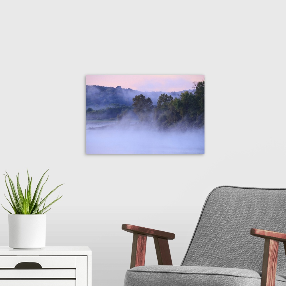 A modern room featuring Fog Over Truman Lake With Pastel Colors In The Sky